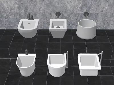 White Bathroom Fixtures Collection With Various Sink Toilet Bidet Designs Gray Wall Black Floor Tiles 3d model
