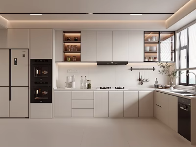 Modern Kitchen Interior Design With White Cabinets Black Appliances Wall Shelves And Natural Light 3d model