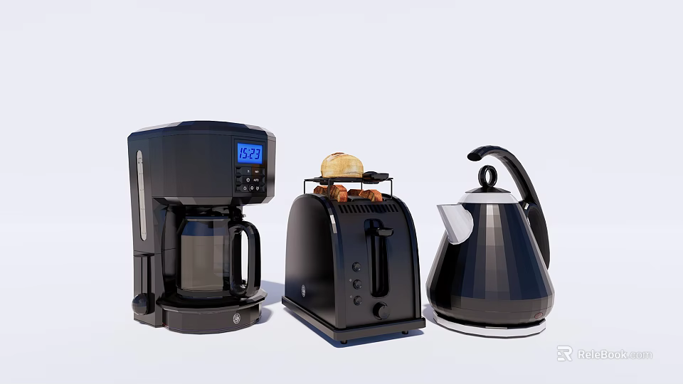 Black Kitchen Appliances Including Coffee Maker Toaster And Kettle With Digital Display And Toast 3d model 
