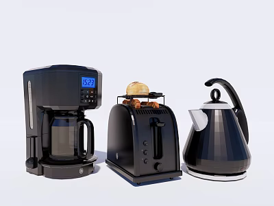 Black Kitchen Appliances Including Coffee Maker Toaster And Kettle With Digital Display And Toast 3d model