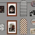 Gallery Wall With Various Framed Artworks And Decorative Patterns 3d model