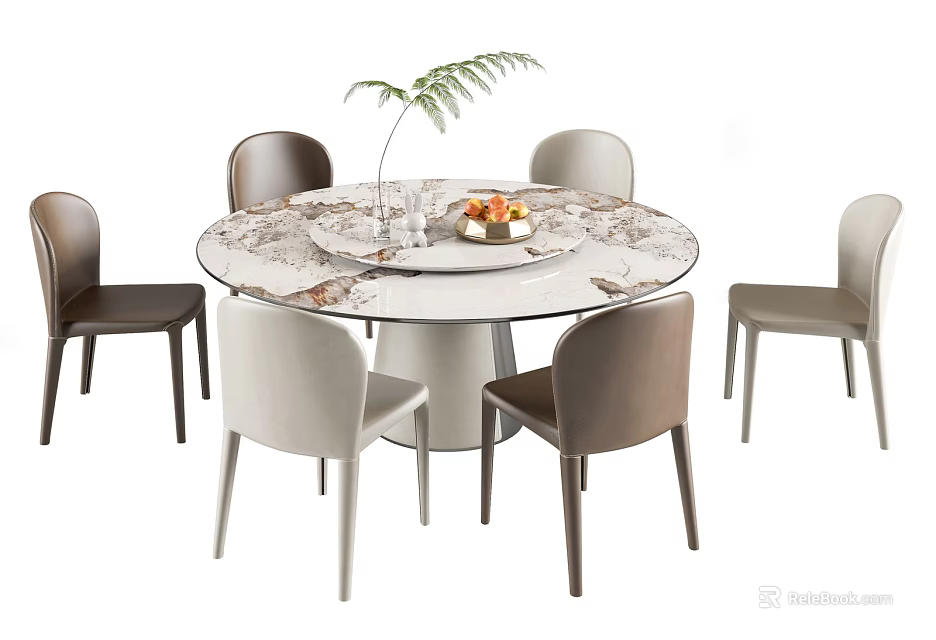 Round Marble Pattern Dining Table Set With Brown Beige Chairs And Fruit Bowl Plant 3d model