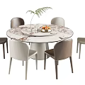 Round Marble Pattern Dining Table Set With Brown Beige Chairs And Fruit Bowl Plant 3d model