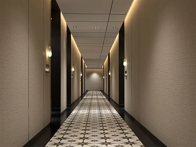 Elegant Hotel Corridor Interior With Textured Walls Patterned Carpet Ceiling Lights And Wall Sconces 3d model