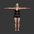 Blonde Woman In Black Tank Top And Shorts With Arms Outstretched Barefoot On Gray Background