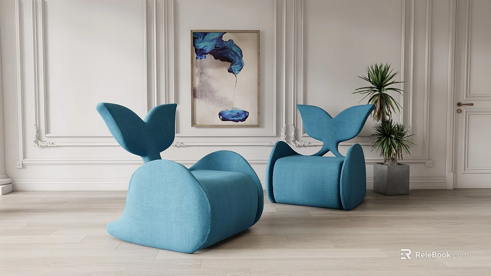 Blue Modern Single Sofa With Unique Design And Decorative Painting In Interior 3d model 