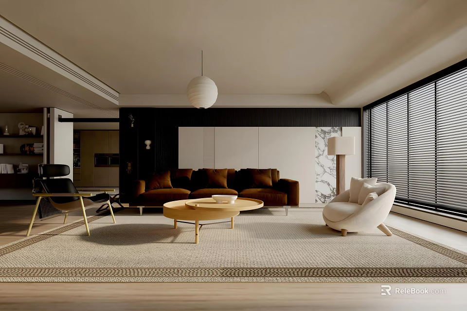 Modern Living Room Interior With Brown Sofa Round Coffee Table And White Accent Chair 3d model 