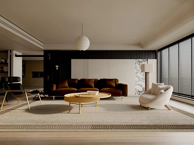 Modern Living Room Interior With Brown Sofa Round Coffee Table And White Accent Chair 3d model