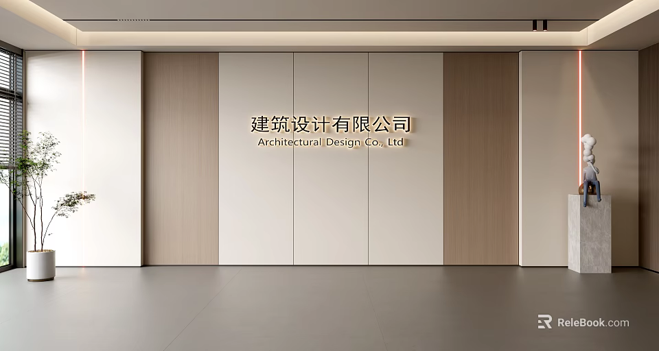 Minimalist Modern Architectural Design Company Background Wall With Wooden And White Panels 3d model 