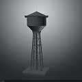 Tall Metal Frame Water Tower With Cylindrical Tank And Pyramidal Roof
