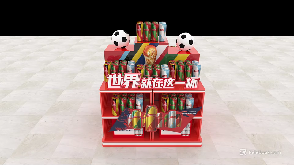 Red Multi Tiered Commercial Display Equipment With Soccer Balls And Beverage Cans 3d model 