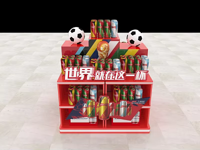 Red Multi Tiered Commercial Display Equipment With Soccer Balls And Beverage Cans 3d model