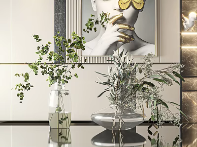Elegant Modern Interior Decor With Glass Vases Holding Green Plants And Olive Branches 3d model
