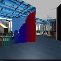 Modern Public Office Space With Blue Ceiling Structures Open Desks And Black Office Chairs 3d model