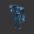 Blue Mechanical Robot Character In Standing Pose With Orange Light And Armored Body