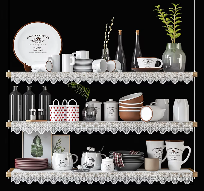 Elegant Tableware Set Display On Tiered Shelves With Lace Trim And Green Plant 3d model 