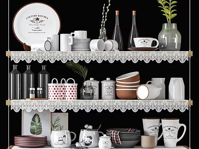 Elegant Tableware Set Display On Tiered Shelves With Lace Trim And Green Plant 3d model