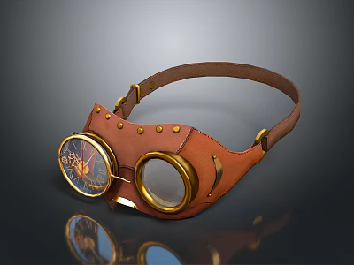 Steampunk Style Jewelry Goggle with Brown Leather Strap and Gold Accents 3d model