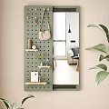 Decorative Mirror with Green Perforated Board Wooden Shelves Green Plant Photo Frame in Living Room