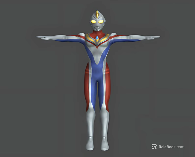 Game Movie Character Red Blue Silver Suit With Glowing Eyes Gold Head Ornament Arms Outstretched 3d model 