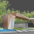 Modern Geometric Entrance Gate Design With Surrounding Trees And Greenery Paving