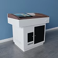 Functional Desk With White Body Brown Countertop Tablet Display And Black Cabinet Doors