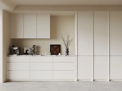 Modern Kitchen Interior With White Cabinets Countertop Coffee Machine And Decorative Vase 3d model