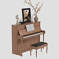 Wooden Piano with Framed Art Sheet Music Vase and Statue on Top and Stool