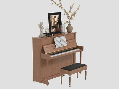 Wooden Piano with Framed Art Sheet Music Vase and Statue on Top and Stool 3d model