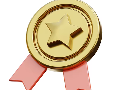 Golden Medal Decorative Ornament Set with Five Pointed Star and Red Ribbons for Home Decoration 3d model