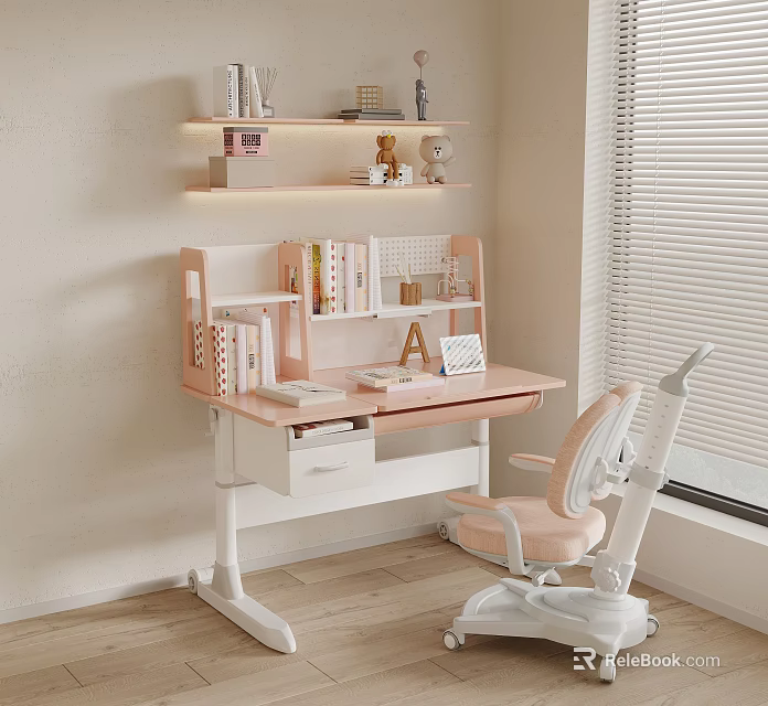 Pink Study Desk With Bookshelf Books Decorations Cozy Chair And Window 3d model 