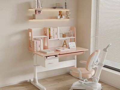 Pink Study Desk With Bookshelf Books Decorations Cozy Chair And Window 3d model