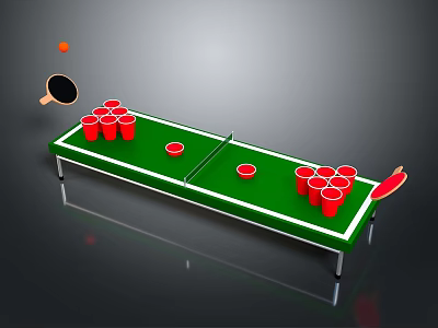 Beer Pong Table Setup With Green Surface Red Cups Paddles And Ball 3d model