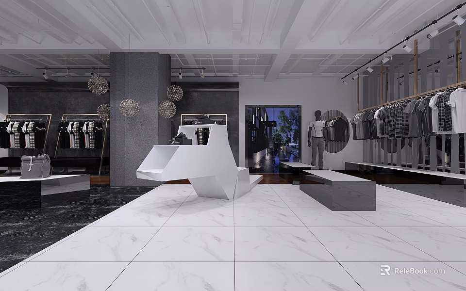 Elegant Clothing Store Interior Featuring White Marble Floor Hanging Clothes And Gray Decor 3d model 