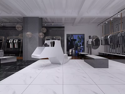Elegant Clothing Store Interior Featuring White Marble Floor Hanging Clothes And Gray Decor 3d model
