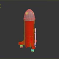 Colorful Red Rocket Model With Silver Top Green Wheels And Stand On Dark Surface