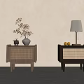 Stylish Light And Dark Wood Bedside Tables With Woven Panels Vase Teapot Lamp And Lemons
