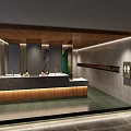Modern Public Restroom Corridor With Dark Walls And Stone Flooring