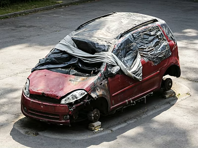 Damaged Red Car Covered With Plastic Sheet Parked On Roadside With Missing Wheels And Supports 3d model