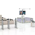 Display Equipment Setup With Showroom Counters Digital Screens Human Figures And Self Service Devices