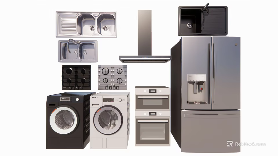 Modern Kitchen Appliances Including Washing Machines Ovens Refrigerator Sinks Stove Tops And Range Hood 3d model 