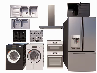 Modern Kitchen Appliances Including Washing Machines Ovens Refrigerator Sinks Stove Tops And Range Hood 3d model