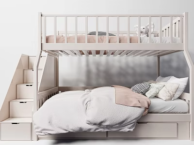 White Bunk Bed Design With Staircase Storage Drawers Soft Pillows And Blanket 3d model