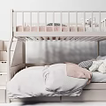 White Bunk Bed Design With Staircase Storage Drawers Soft Pillows And Blanket 3d model