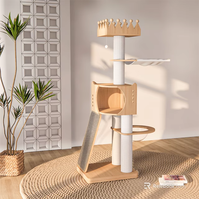 Modern Wooden Cat Tree Interior Design With Platforms And Scratching Posts 3d model 