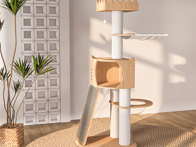 Modern Wooden Cat Tree Interior Design With Platforms And Scratching Posts 3d model