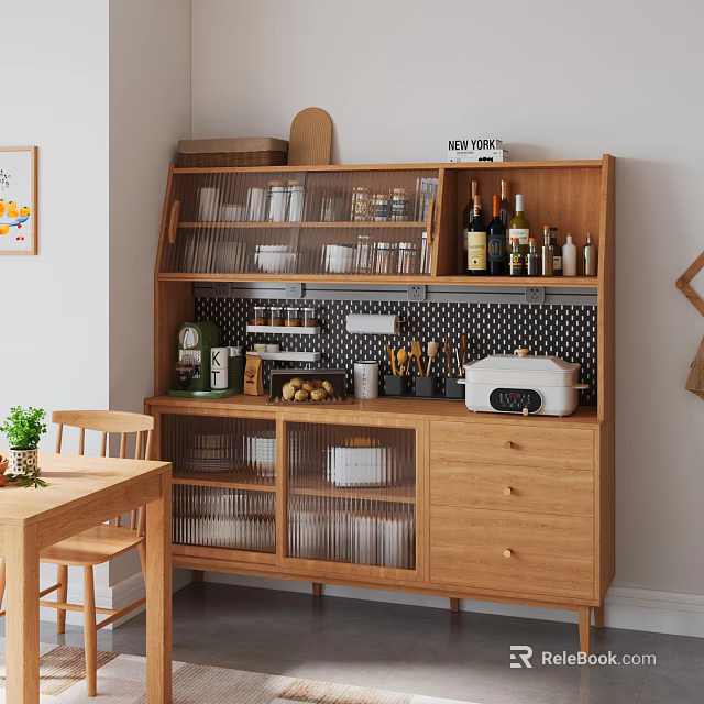Wooden Kitchen Sideboard With Glass Doors And Storage For Dishes Glasses Wine Bottles And Jars 3d model 