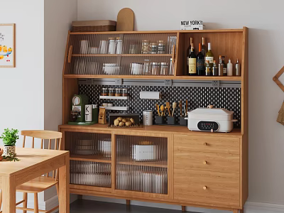 Wooden Kitchen Sideboard With Glass Doors And Storage For Dishes Glasses Wine Bottles And Jars 3d model