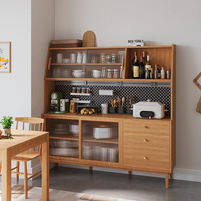 Wooden Kitchen Sideboard With Glass Doors And Storage For Dishes Glasses Wine Bottles And Jars 3d model