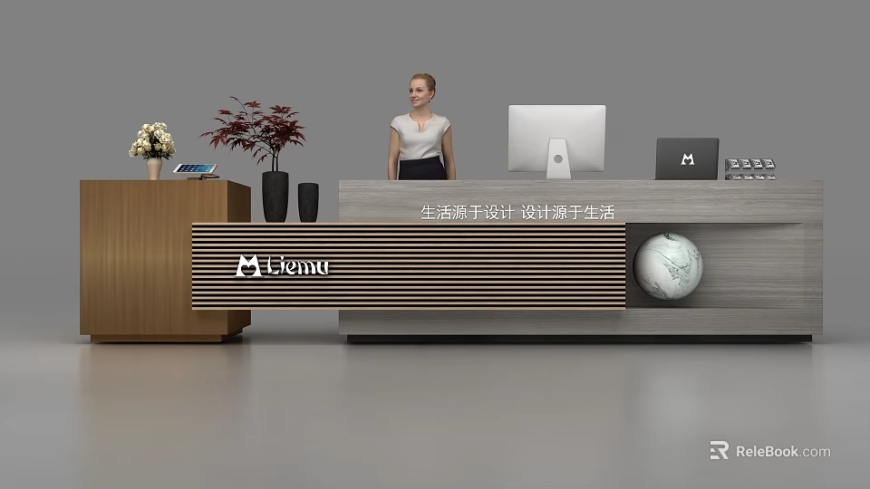 Elegant Modern Reception Desk With Receptionist Computer Globe And Potted Plants 3d model 